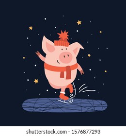 Cute pig skating flat illustration. Funny picture design with charming pet. Winter wonderland and happy holidays. Template for poster, banner, invitation, greeting card and other graphic design.