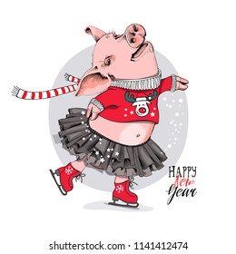 Cute Pig is skating. She is in a red cardigan with drawing of the deer, in a tutu and with a scarf. Happy new year - lettering quote. Christmas t-shirt composition, handmade print. Vector illustration