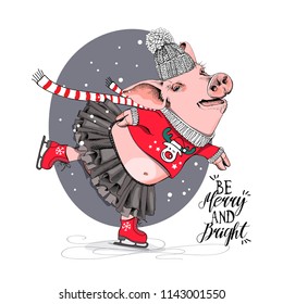 Cute Pig is skating. She is in a red cardigan, in a tutu, in a knitted cap and with a scarf. Be merry and bright - lettering quote. Christmas t-shirt composition, handmade vector illustration.