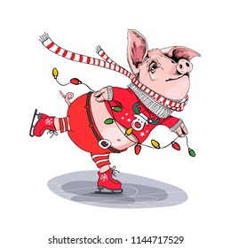 Cute Pig is skating. She is in a red cardigan with drawing of the deer, in a pants and with a scarf. New year and Christmas card composition, handmade print. Vector illustration.