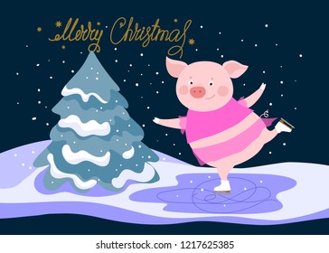  Cute Pig is skating.Vector illustration.