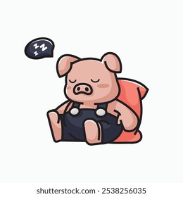 Cute Pig sleep with pillow Vector Icon Illustration Animal Nature Flat Cartoon Style