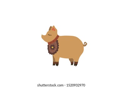 Cute pig sleep. Vector illustration. Baby animal. Folk clothes.