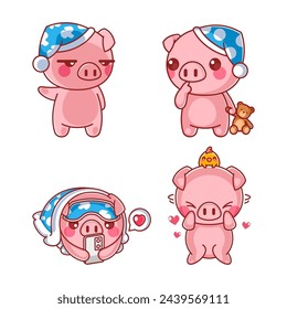 Cute pig sleeping cartoon style set