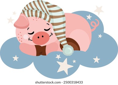 Cute pig sleeping on blue cloud