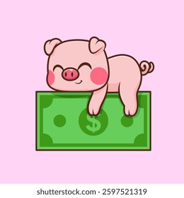Cute Pig Sleeping On Money Cartoon Vector Icon Illustration. 
Animal Finance Icon Concept Isolated Premium Vector. Flat 
Cartoon Style