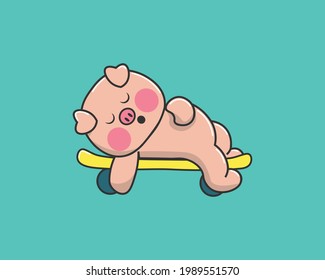 Cute pig Sleeping On The skateboard Cartoon Vector Icon Illustration. Flat Cartoon Style