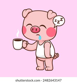 Cute Pig Sleepy Holding Coffee Cartoon Vector Icon Illustration. Animal Drink Icon Concept Isolated Premium Vector. Flat Cartoon Style