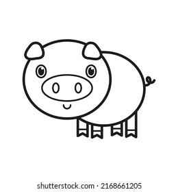 Cute pig with a small tail. Coloring. Black and white vector illustration.