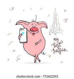 cute pig with smart-phone. my best selfie