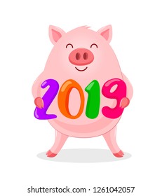Cute pig smile with 2019. Happy New year concept. Animal character design. Vector illustration isolated on white background.