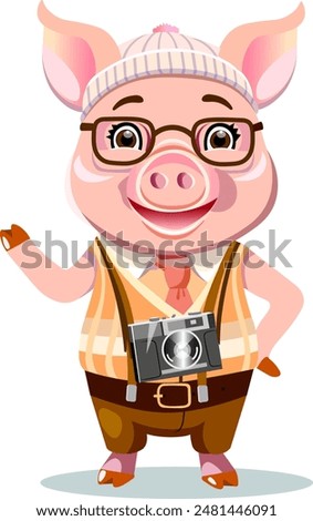  Cute pig is smiling in human clothesshirt and trousers with camera raised one paw in greeting with the other resting on his side full length in front Vector