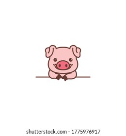 Cute pig smiling over wall cartoon, vector illustration