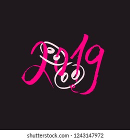 Cute Pig Snout in Pink Color with New Year 2019 Lettering. Isolated Swine Astrology Symbol with Bright Letters. Use for Laser Cutting and Christmas Gift Design. Vector Concept