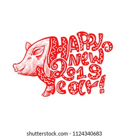 Cute Pig Snout in Red Color with Happy New Year 2019 Lettering. Isolated Swine Astrology Symbol with Patterned Letters. Use for Laser Cutting and Christmas Gift Design