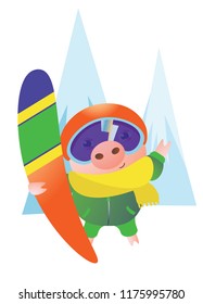 Cute Pig with a snowboard, a helmet, googles and yellow scarf. Vector illustration.  Isolated on transparent background.  Excellent for the design of postcards, posters, stickers and so on.