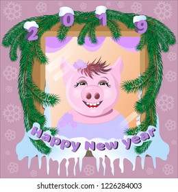 Cute pig in the snow-covered window of fir branches celebrates the New Year. Vector illustration.