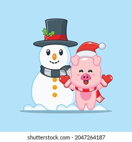 Cute pig with snowman in christmas day. Cute christmas cartoon illustration