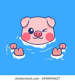 Cute Pig Soaking In Water Cartoon Vector Icon Illustration. Animal Holiday Icon Concept Isolated Premium Vector. Flat Cartoon Style