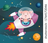 Cute pig in the space galaxy. vector illustration