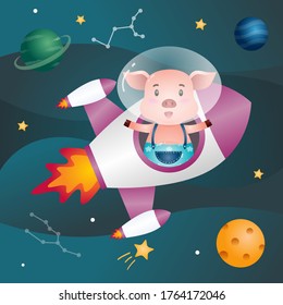 Cute pig in the space galaxy. vector illustration
