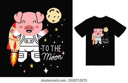 Cute pig in space illustration with tshirt design premium vector the Concept of Isolated Technology. Flat Cartoon Style Suitable for Landing Web Pages,T shirt, Flyers, Stickers