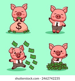 Lindo cerdo es gastar el dinero de dibujos animados personaje Conjunto de ilustración