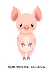 Cute pig standing. Cartoon character design. Flat little piggy. Vector illustration isolated on white background.