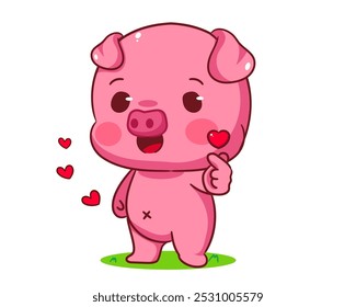 Cerdo lindo de pie con Vector de dibujos animados de signo de mano de amor. Adorable y kawaii concepto de diseño animal. Mascota, icono, ilustración del logotipo. Fondo blanco aislado