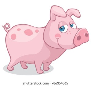 Cute Pig Standing on All Four Looking at the Viewer Cartoon Style Vector Illustration Isolated on White