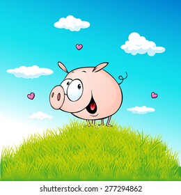 cute pig standing on green grass - vector cartoon
