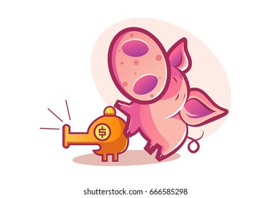 Cute Pig Standing on a water pump. Vector Illustration. isolated on white background.