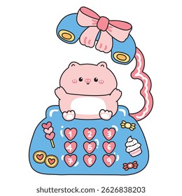 Cute pig stay on classic retro telephone desk.Kid graphic.Bow,candy,bakery,cupcake,cookies hand drawn.Farm animal character cartoon.Kawaii.Vector.Illustration.