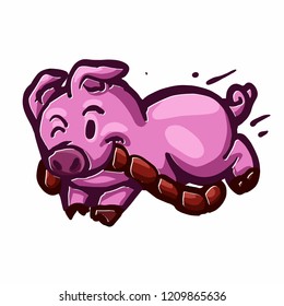 Cute pig stealing sausage vector illustration