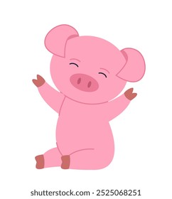 Linda pegatina de cerdo. Adorable animal rosado sentado. Mamífero y ganado. Carácter lindo para los niños. Pegatina para redes sociales y mensajeros. Ilustración vectorial plana aislada sobre fondo blanco