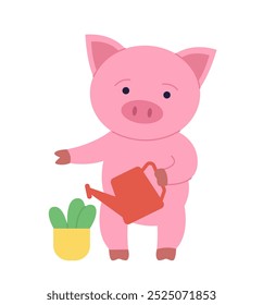 Cute pig sticker. Adorable pink animal watering plants. Mammal and cattle, livestock. Cute character for kids. Poster or banner. Flat vector illustration isolated on white background