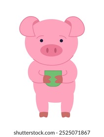 Cute pig sticker. Adorable pink animal with cup of hot drink. Mammal and cattle, livestock. Cute character for kids. Booklet and leaflet. Flat vector illustration isolated on white background