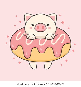 Cute pig in a strawberry doughnut cartoon animal character vector. Cartoon character design.