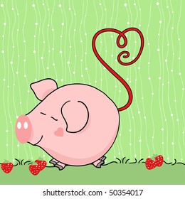 cute pig in strawberry field