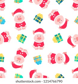 Cute pig in a suit and a Santa Claus hat with a fluffy pompon. Gift boxes with bows seamless pattern.
