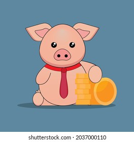 cute pig with suitcase holding money cartoon 