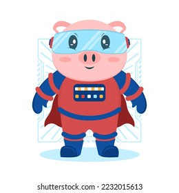 Cute pig super hero cartoon logo vector illustration flat design.