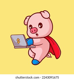 Cute Pig Super Hero Playing Laptop Cartoon Vector Icon Illustration. Animal Technology Icon Concept Isolated Premium Vector. Flat Cartoon Style