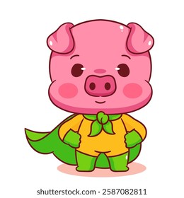 Cute pig superhero cartoon character. Kawaii animal concept design. Vector art illustration.