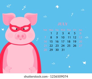 Cute pig in a superhero costume in a mask and a raincoat. Monthly calendar for July 2019 from Sunday to Saturday. Funny piggy. The symbol of the Chinese New Year