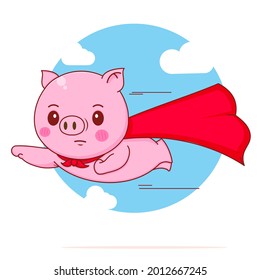 cute pig superhero flying with red cloak character cartoon illustration