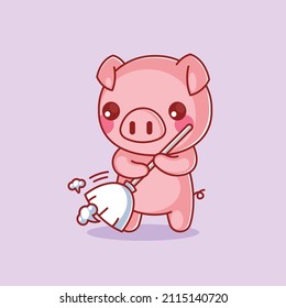 Cute pig is sweeping the floor