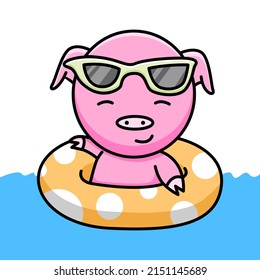 Cute pig with swimming tires cartoon design