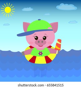 A cute pig in a swimsuit and hat floats in the sea with a circle and ice cream in a cartoon style. / Illustration of a cute pig in the sea with ice cream.