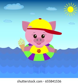 A cute pig in a swimsuit and hat floats in the sea with a circle and ice cream in a cartoon style. / Illustration of a cute pig in the sea with ice cream.